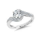 Diamond engagement ring mounting with side stones set in 14k white gold.