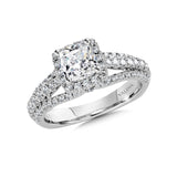 A diamond halo mount set in 14k white gold.