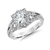 Diamond halo engagement ring mounting in 14k white gold.