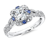 Floral Diamond and Blue Sapphire Halo Engagement Ring