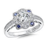 Floral Diamond and Blue Sapphire Halo Engagement Ring