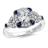 Diamond and Blue Sapphire Halo Engagement Ring