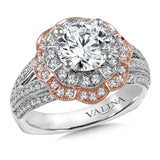 Floral diamond halo engagement ring mounting in 14k White & Rose Gold.