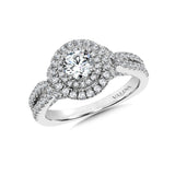 A diamond halo mount set in 14k white gold.