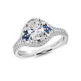 Diamond and sapphire engagement ring mounting with side stones set in 14k white gold.