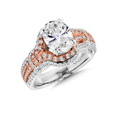 Diamond engagement ring mounting in 14k white gold with rose gold accents and diamond side stones.