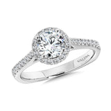 Diamond halo engagement ring mounting with side stones set in 14k white gold.