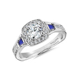 Diamond and Blue Sapphire Halo Engagement Ring