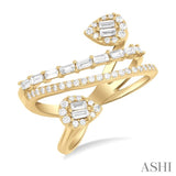 3/4 ctw Pear Shape Fusion Baguette and Round Cut Diamond Fashion Wrap Ring in 14K Yellow Gold