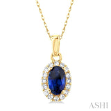 1/20 ctw Round Cut Diamond and 5X3MM Oval Shape Sapphire Halo Precious Pendant with Chain in 14K Yellow Gold