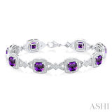 1/10 ctw Cushion Shape 7X7 MM Amethyst and Round Cut Diamond Semi Precious Bracelet in Sterling Silver