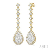 1 Ctw Pear Shape Dangler Round Cut Diamond Lovebright Earrings in 14K Yellow and White Gold