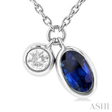 1/50 ctw Oval Cut 5X3MM sapphire and Bezel Set Round Cut Diamond Precious Necklace in 10K White Gold