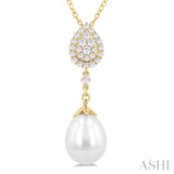 1/5 Ctw Pear Shape Mount 9X7 MM Cultured Pearl Drop and Round Cut Diamond Fashion Pendant With Chain in 14K Yellow Gold