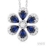 1/6 ctw Floral Blossom 4X3 MM Pear Cut Sapphire and Round Cut Diamond Precious Pendant With Chain in 14K White Gold