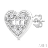 1/5 Ctw Petite Bezel Set Heart Shape Fusion Baguette and Round Cut Diamond Fashion Stud Earring in 10K White Gold