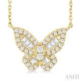 1/3 ctw Petite Butterfly Baguette and Round Cut Diamond Fashion Pendant With Chain in 14K Yellow Gold