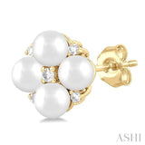 1/20 Ctw Floral 3 MM Cultured Pearl and Round Cut Diamond Fashion Stud Earring in 10K Yellow Gold