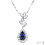 6X4MM Pear Cut Sapphire and 1/5 ctw Scatter Baguette & Single Cut Halo Diamond Precious Necklace in 10K White Gold