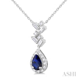 6X4MM Pear Cut Sapphire and 1/5 ctw Scatter Baguette & Single Cut Halo Diamond Precious Necklace in 10K White Gold