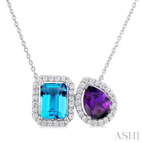 1/3 Ctw Toi Et Moi 8X6 MM Emerald Cut Blue Topaz and Pear Cut Amethyst & Round Cut Diamond Semi Precious Fashion Pendant With Chain in 14K White Gold