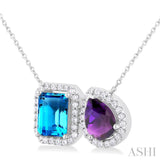 1/3 Ctw Toi Et Moi 8X6 MM Emerald Cut Blue Topaz and Pear Cut Amethyst & Round Cut Diamond Semi Precious Fashion Pendant With Chain in 14K White Gold