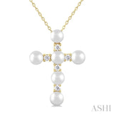 1/6 Ctw Cross 4X4 MM Cultured Pearl and Round Cut Diamond Fashion Pendant With Chain in 10K Yellow Gold