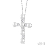 1/5 ctw Cross 4X4 MM Cultured Pearl and Round Cut Diamond Semi Precious Fashion Pendant With Chain in 10K White Gold