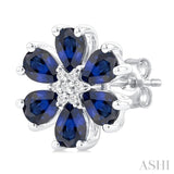 1/20 ctw Floral Blossom 4X3 MM Pear Cut Sapphire and Round Cut Diamond Precious Stud Earring in 14K White Gold