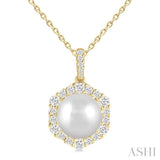 10MM Cultured Pearl and 5/8 Ctw Hexagon Shape Round Cut Diamond Pendant With Chain in 14K Yellow Gold