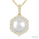 10MM Cultured Pearl and 5/8 Ctw Hexagon Shape Round Cut Diamond Pendant With Chain in 14K Yellow Gold