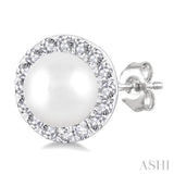 4.5MM White Pearl and 1/8 ctw Round Cut Diamond Halo Stud Earrings in 14K White Gold