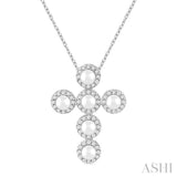 1/4 Ctw Cross 4X4 MM Cultured Pearl and Round Cut Diamond Pendant With Chain in 14K White Gold