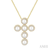 1/4 Ctw Cross 4X4 MM Cultured Pearl and Round Cut Diamond Pendant With Chain in 14K Yellow Gold