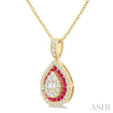 1/4 Ctw Pear Shape 1.25 MM & 1.45 MM Ruby, Baguette and Round Cut Diamond Precious Pendant With Chain in 14K Yellow Gold