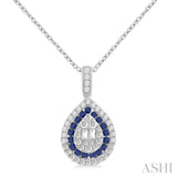 1/4 Ctw Pear Shape 1.25 MM & 1.45 MM Sapphire, Baguette and Round Cut Diamond Precious Pendant With Chain in 14K White Gold