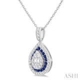 1/4 Ctw Pear Shape 1.25 MM & 1.45 MM Sapphire, Baguette and Round Cut Diamond Precious Pendant With Chain in 14K White Gold