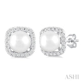 1/8 Ctw Petite 5 MM Cultured Pearl and Cushion-Shaped Round Cut Diamond Halo Stud Earring in 10K White Gold