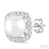 1/8 Ctw Petite 5 MM Cultured Pearl and Cushion-Shaped Round Cut Diamond Halo Stud Earring in 10K White Gold