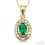 5x3 MM Oval Shape Emerald and 1/20 Ctw Single Cut Diamond Pendant in 10K Yellow Gold with Chain