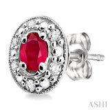 4x3 MM Oval Shaped Ruby and 1/10 Ctw Single Cut Diamond Earrings in 14K White Gold