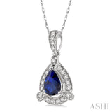 6x4  MM Pear Shape Sapphire and 1/10 Ctw Round Cut Diamond Pendant in 14K White Gold with Chain