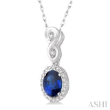 6x4 MM Oval Cut Sapphire and 1/10 Ctw Round Cut Diamond Pendant in 14K White Gold with Chain