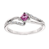 A 10kt white gold pink tourmaline ring that contains a 3 mm square shaped pink tourmaline stone and 8 diamonds for a .04tdw.