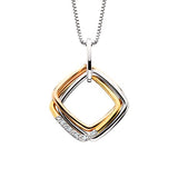 Sterling silver tri-color pendant with 18kt rose and yellow gold overlay. Three rings in a squared shaped are linked together 5 diamonds weighing .015tw are set in the yellow square. Pendant hangs on an 18