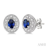 4x3mm Oval Shaped Sapphire and 1/10 Ctw Single Cut Diamond Earrings in 14K White Gold