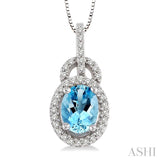 8x6 MM Oval Cut Aquamarine and 1/4 Ctw Round Cut Diamond Pendant in 14K White Gold with Chain