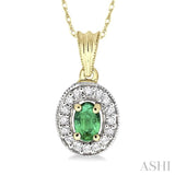 6x4 MM Oval Cut Emerald and 1/5 Ctw Round Cut Diamond Pendant in 14K Yellow Gold with Chain