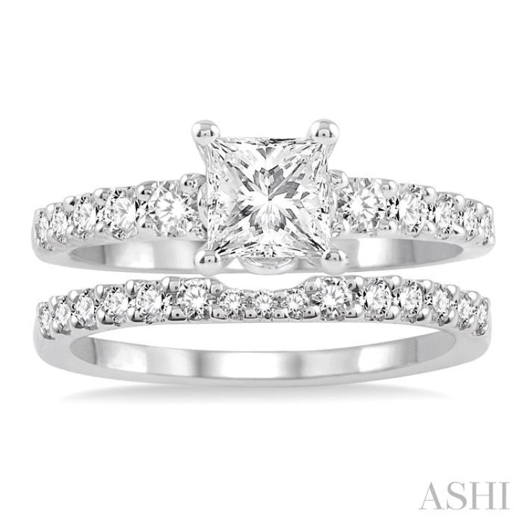 1 Ctw Diamond Wedding Set with 3/4 Ctw Princess Cut Engagement Ring and 1/5  Ctw Wedding Band in 14K White Gold