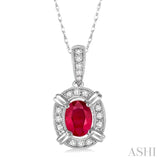 6x4 MM Oval Cut Ruby and 1/10 Ctw Single Cut Diamond Pendant in 10K White Gold with Chain